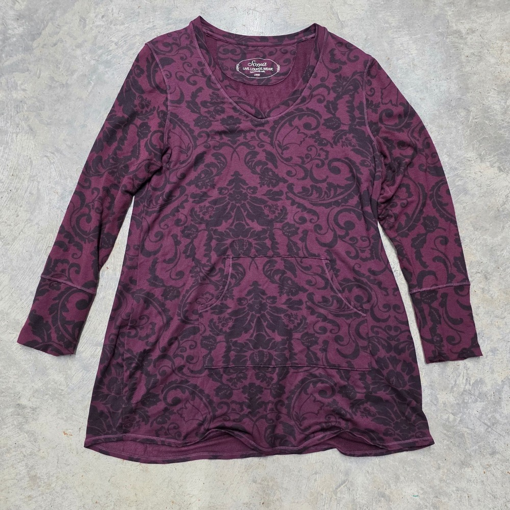 Soma Womens Large Burgundy Black Damask Print Long Sleeve‎ V Neck Pocket Top